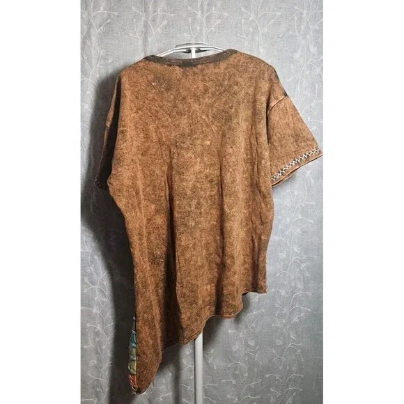 Boho Hippie TShirt Womens M/L Patchwork Short Sleeve Asymmetrical Lagenlook 90s - Picture 5 of 9